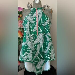 NWOT IVY STOREHOUSE ONE PIECE BATHING SUIT TROPICAL PRINT GREEN/PINK ZIP Sz. L.